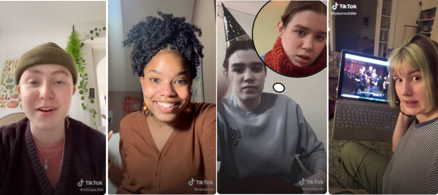 (Left to right) Palmer Lessenberry, Nasirah Fair, Jane Wickline, and Lila Templin are among the Oberlin students who have found notoriety on the popular video-sharing app TikTok. 