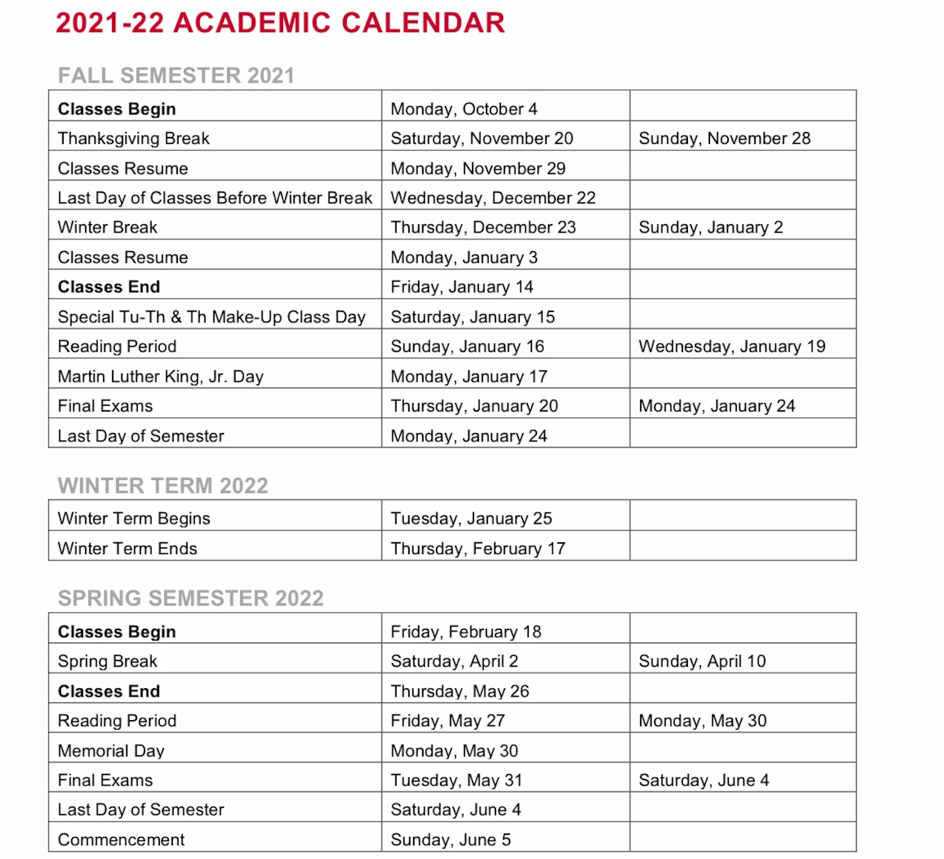 College Releases 2021 2022 Academic Calendar Returns to Two Semesters