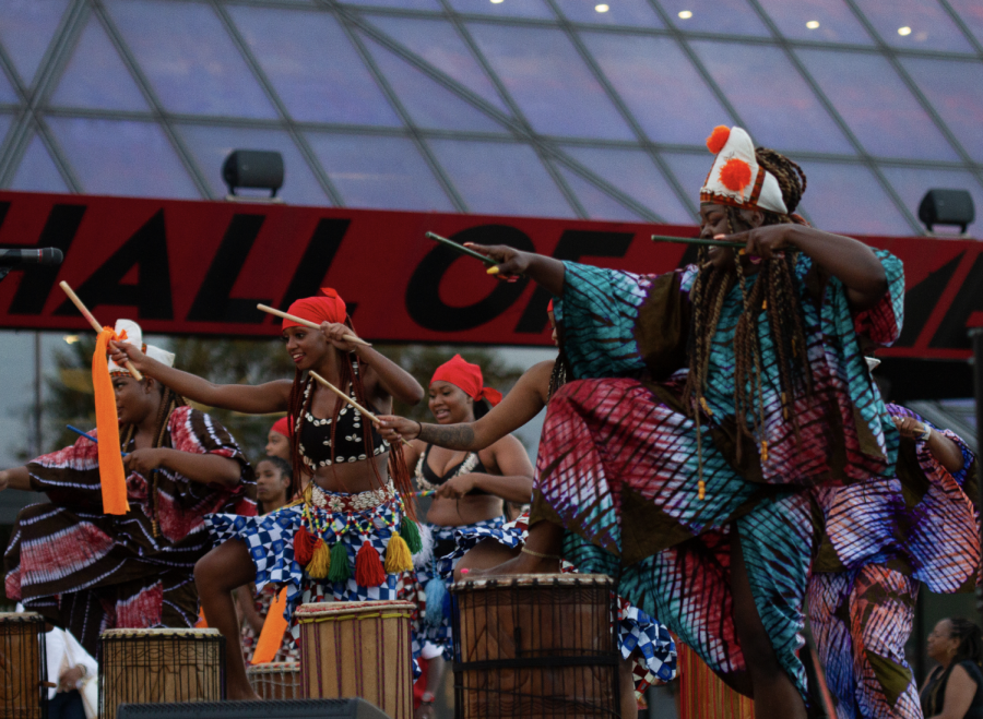 Photo by Anokha Venugopal. Visiting Assistant Professor of Africana Studies and Dance Talise Campbell leads her 2021 Juneteenth performance at the Rock & Roll Hall of Fame