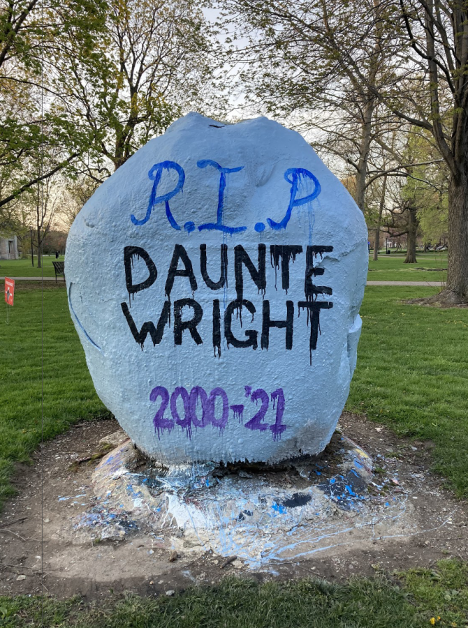 Photo by Diwe Augustin-Glave. A rock on Tappan Square facing College Street reads, “R.I.P. Daunte Wright 2000–2021.”