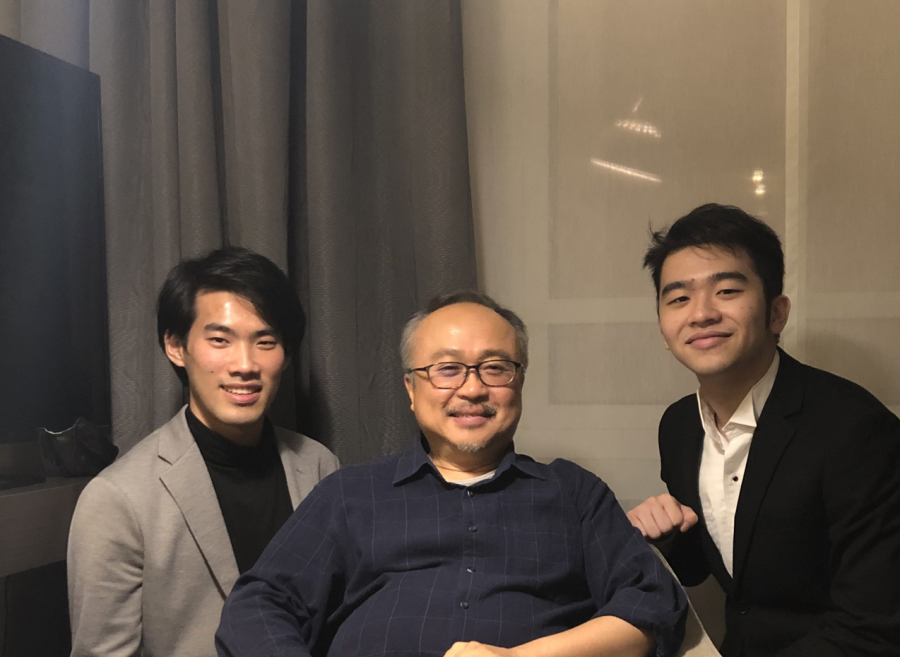 Left to right: Oberlin-Como Fellow Bruce (Xiaoyu) Liu, Professor of Piano Dang Thai Son, and Conservatory second-year JJ Jun Li Bui pose for a picture taken after the Gala Award Concert ahead of their debut at the 18th Chopin Piano Competition in Warsaw. Kai-Min Chang also participated in the competition but isn’t featured in the photo.	