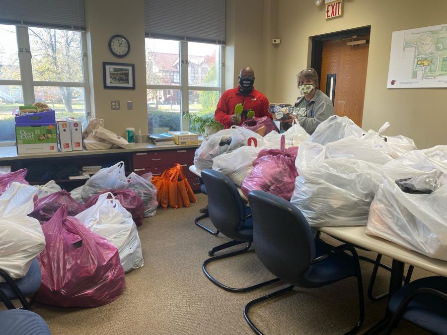 Staff from Oberlin City Schools sort through a recent
donation of goods with an estimated value of over $12,000.