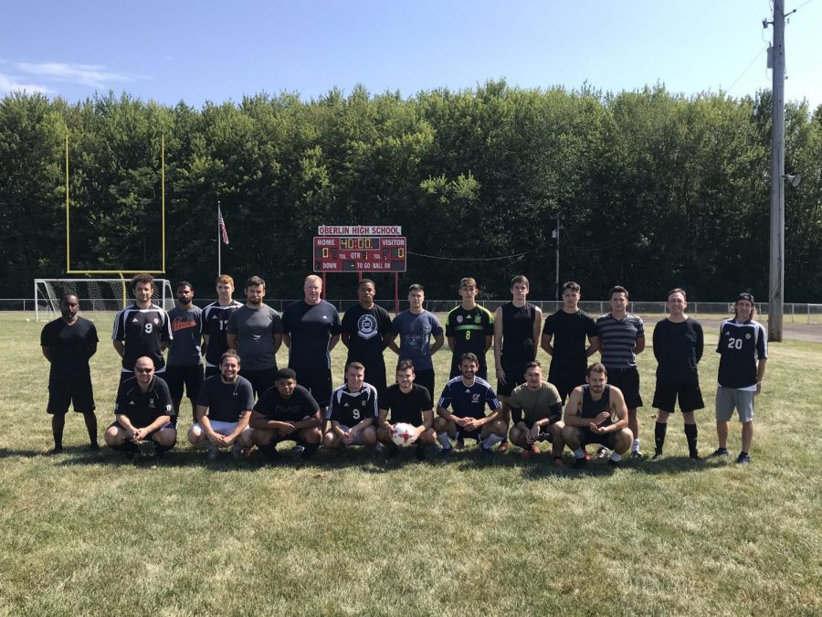 Oberlin+High+School+soccer+alumni+team+poses+before+their+2019+game.