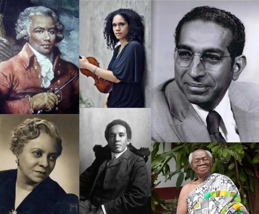 The work of historically marginalized composers will gain more attention in the curriculum for the new African American music minor. In clockwise order from top left: Joseph Bologne, Chevalier de Saint-George; Jessie Montgomery; Roque Cordero; J. H. Kwabena Nketia; Samuel Coleridge-Taylor; and Florence Price.