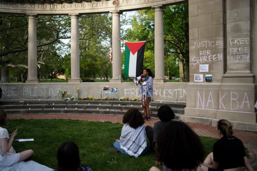 Students held a vigil Sunday for the 74th anniversary of the Nakba on Tappan Square.