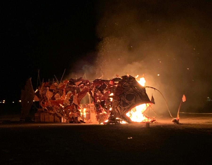 The FireFish sculpture goes up in flames.