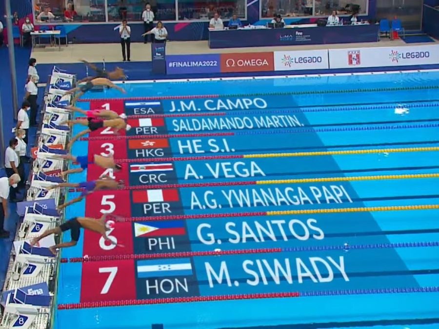 Miguel Siwady in Lane 7 swimming at the FINA World Junior Swimming Championships.
