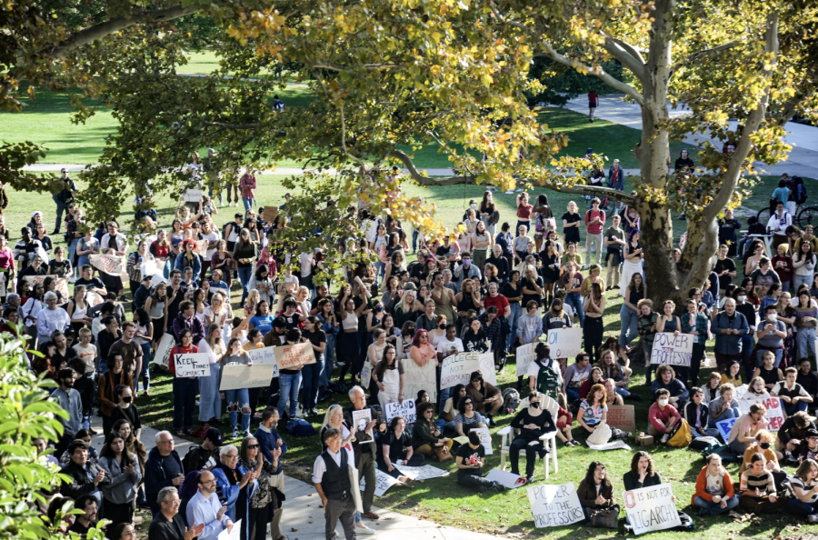 Oberlin campus and community members gathered outside of Wilder Hall yesterday to hear speeches from faculty, students, and staff. 