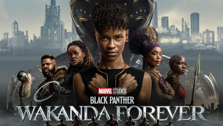 (Left to right) Winston Duke, Lupita Nyong’o, Letitia Wright, Angela Bassett, and Danai Gurira pose in character for Black Panther: Wakanda Forever.