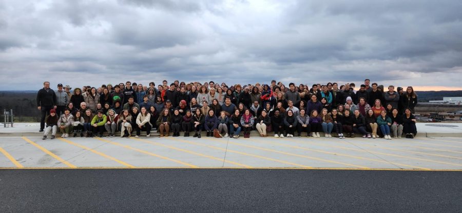 Students pose for a group photo at a rest stop in Pennsylvania on their way back to Oberlin from Carnegie Hall.