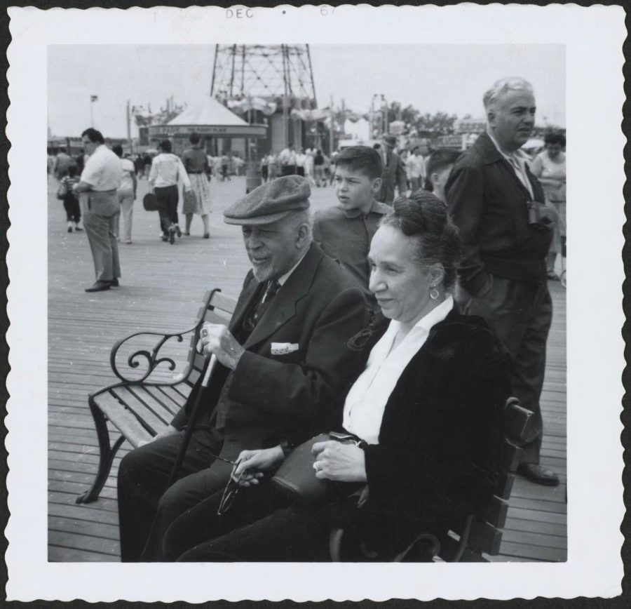 Shirley Graham Du Bois sits with W.E.B. Du Bois at Coney Island. Courtesy of Shirley Graham Du Bois papers 