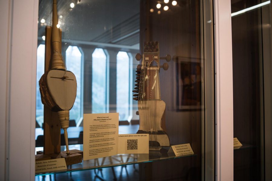 Instruments from The Roderic C. Knight Musical Instrument Collection are displayed in Bibbins Hall.