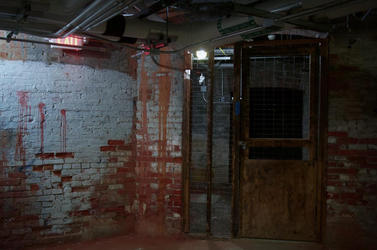 The basement of Talcott Hall features a caged door.