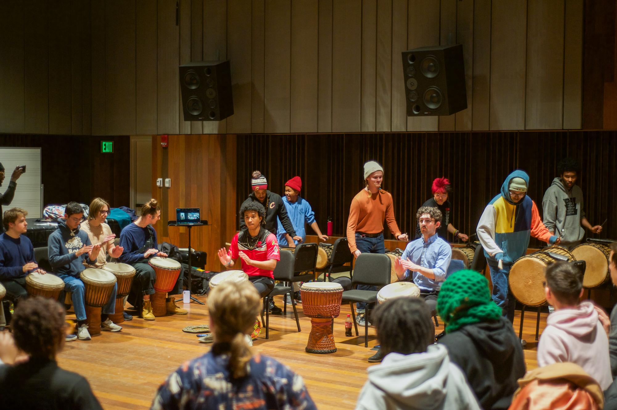 Students in Djembe Orchestra rehearse a piece for their upcoming performance on Dec. 5.