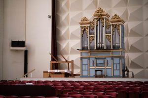 An organ in Warner Concert Hall.