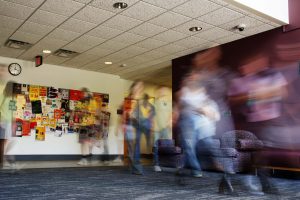 Students walk to class in the King Building.