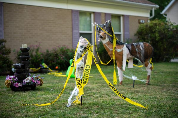 Halloween decor adorns an Oberlin lawn.