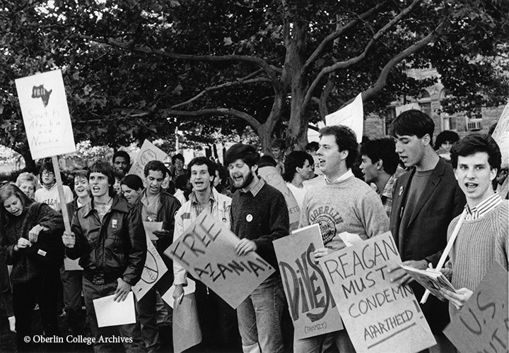 Oberlin has a long history of activism, including taking part in the anti-apartheid movement of the 1980s.