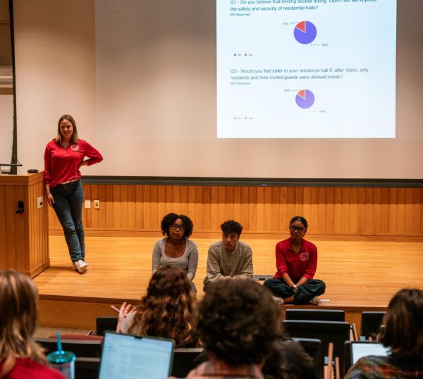 Senators listen to student's concerns at Wednesday's town hall.