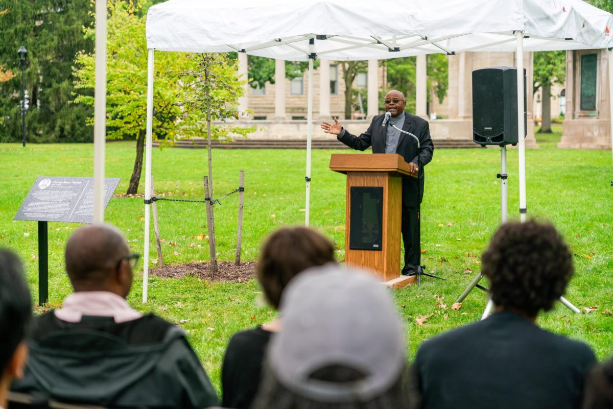 Professor of Africana Studies and Religion Emeritus A.G. Miller speaks at Saturday’s ceremony honoring George Boyer Vashon, OC 1844.