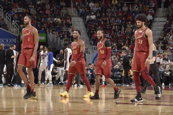 The Cavs’ core four of Darius Garland, Donovan Mitchell, Evan Mobley, and Jarret Allen walk off the court against the Philadelphia 76ers. 