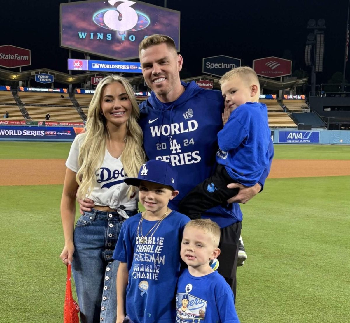 Freddie Freeman poses with wife Chelsea and three sons Charlie, Brandon, and Max after being crowned World Series MVP.