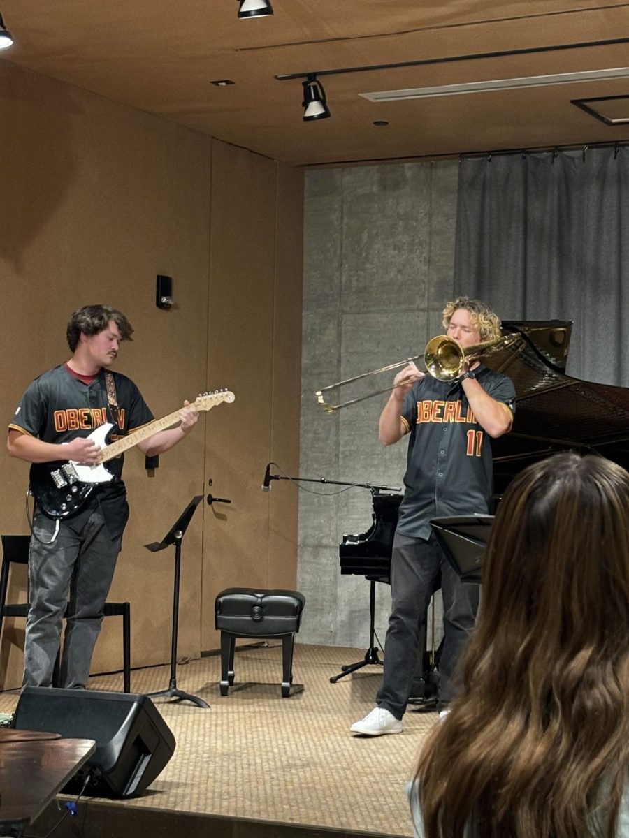 Third-year catcher Anton Shelton and second-year right handed pitcher Davis Hayes perform at the ninth annual Sharing Stages. 