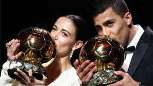 Rodri celebrates after being named the first Manchester City player to win the Ballon d’Or.