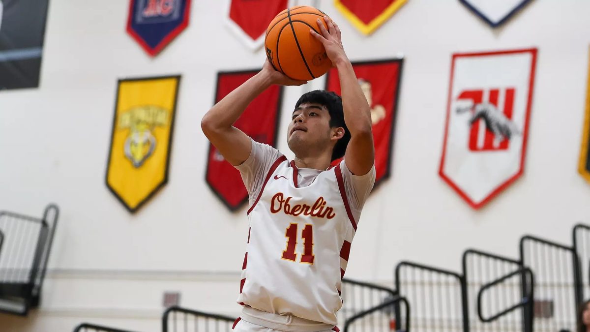 Fourth-year guard Yuuki Okubo rises for jump shot; Okubo’s performance earned him NCAC Player of the Week honors.