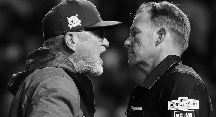 Former Cubs manager Joe Madden gets in umpires face arguing balls and strikes.