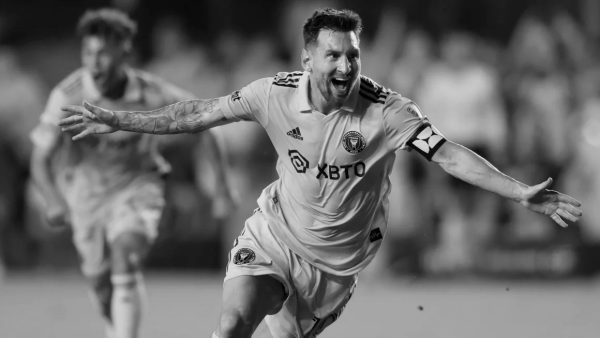 Lionel Messi celebrates after scoring a goal for Inter Miami FC.