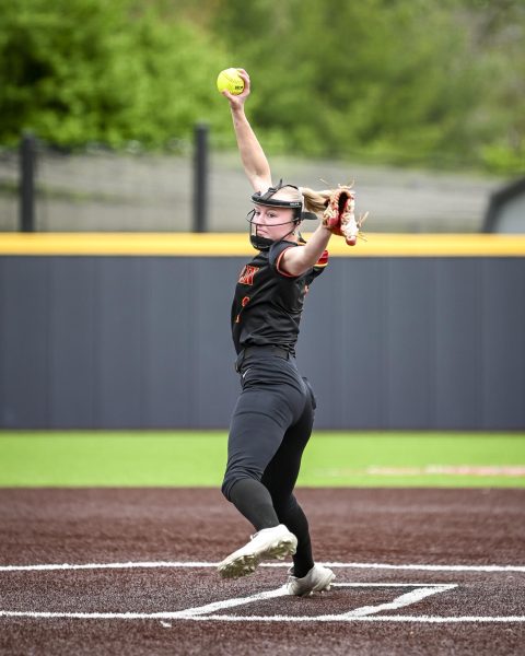 Hailey Alspach pitches against Denison University.